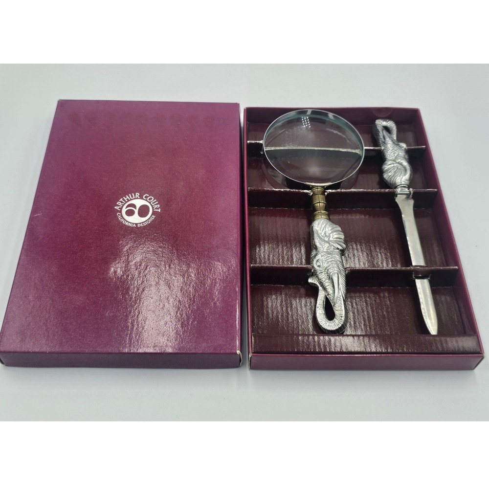 Vintage Arthur Court Elephant Desk Set Magnifying Glass Letter Opener Box